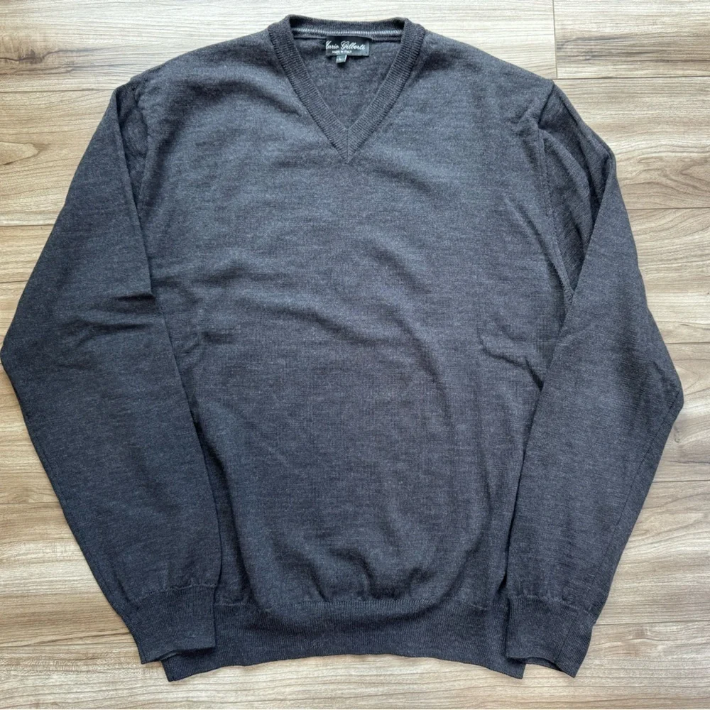 Mario Gilberti Men’s 100% Merino Wool V-Neck Sweater in Gray, Long sleeve, L